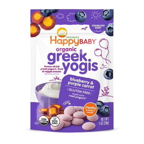Happy Baby Organics Baby Snacks, Greek Yogis, Freeze Dried Yogurt &Veggie Fruit Snacks, Gluten Free Snack for Babies 9+ Months, Blueberry & Purple Carrot, 1 Ounce