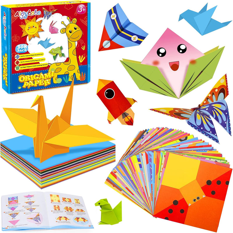 Origami Paper Set, 308PCS Kids Craft Paper Kit with Instructional Book for Girls Age 6,7,8,9,10,11,12, Art Projects Supplies for School Class Craft Lessons- Christmas Birthday Gifts for Boys&Girls