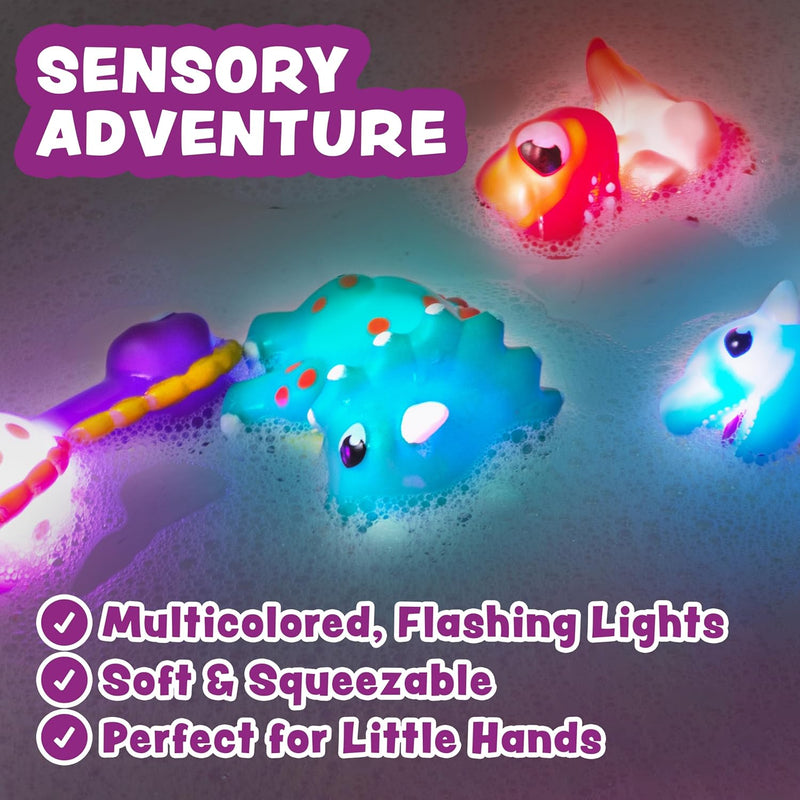 Tub Works Dinos Light Up Bath Toys, 6 Pack for Toddler Sensory Play and Bath Time Fun
