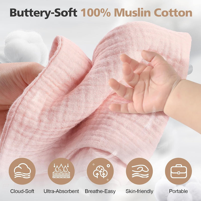 Baby Washcloths,Muslin Burp Cloths Towels for Newborns,Absorbent Cotton Bath Face Towel ，5 Pack, 12x12 Inches (Rosy Embrace)