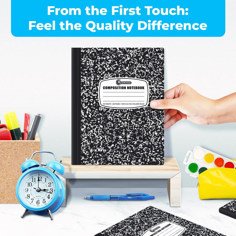 Rosmonde College Ruled Composition Notebooks 5 Pack, 200 Pages (100 Sheets), 9-3/4" x 7-1/2", White & Black Marble Composition Book, Hard Cover, Sturdy Sewn Binding, School, College & Office Supplies