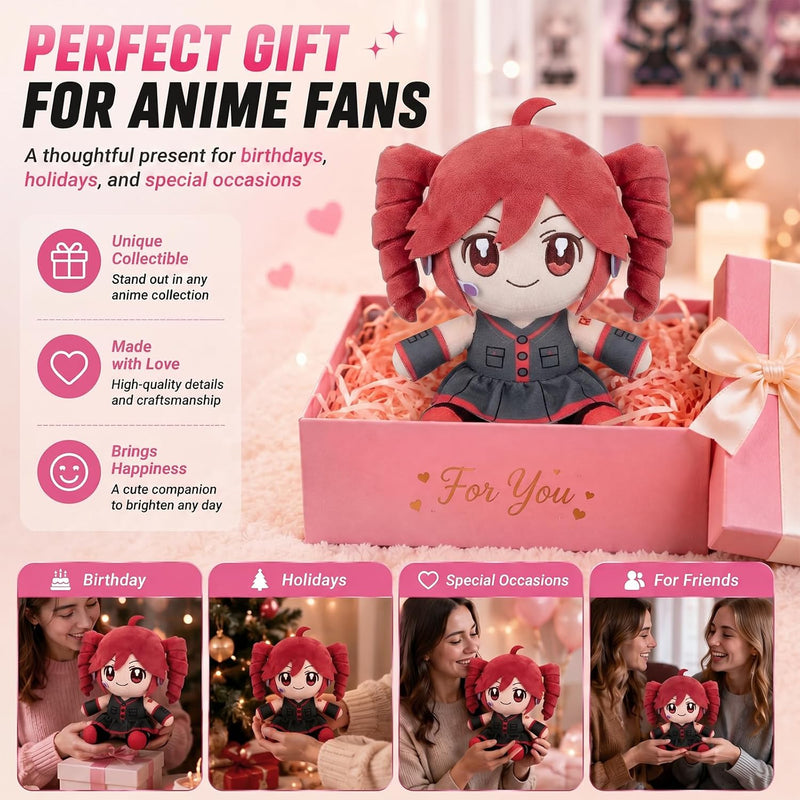 Collectible Pink Drill Twin Tail Girl Plush 22cm, Cute Anime Plush Character with 3D Twin-Drill Hair, Red and Black Outfit Figure Stuffed, Soft Anime Plushie Pillow Gift for Fans & Collectors