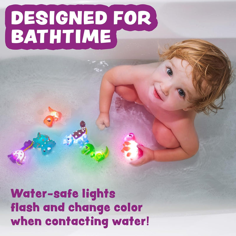 Tub Works Dinos Light Up Bath Toys, 6 Pack for Toddler Sensory Play and Bath Time Fun