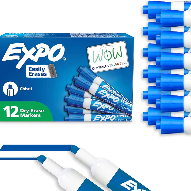 EXPO Dry Erase Markers, Low Odor Ink, Blue, Chisel Tip, 12 Count - Whiteboard, Calendar, Organization, Essential Supplies for Office, School, Classroom, Teachers
