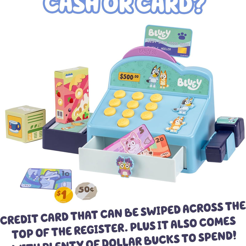 Bluey Cash Register Playset with Scanner, Toy Credit Card, and Dollar Bucks for Kids, Ages 3+