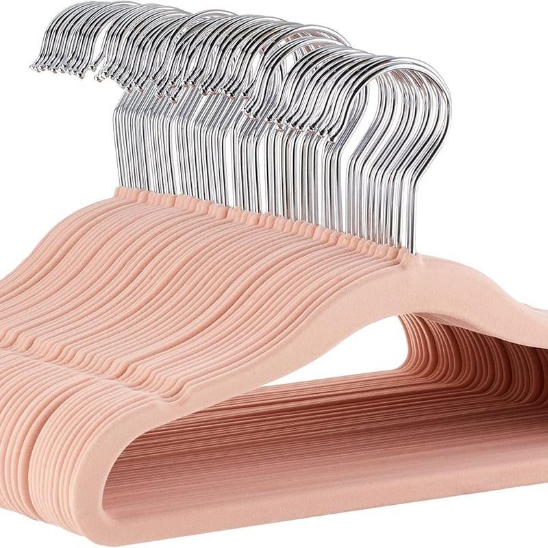 Amazon Basics Kids Space Saving Velvet Non-Slip Clothes Hangers with Shoulder Notches for Infant and Toddler, 11.6", Blush, 50-Pack