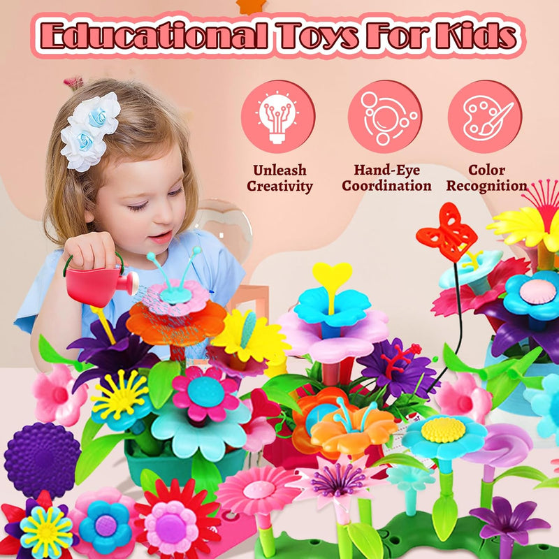 FUNZBO Girl Flower Garden Building Toys Set for Age 2-6 Years Old, STEM Montessori Educational Toy with Sorting & Stacking Spring Gardening Set
