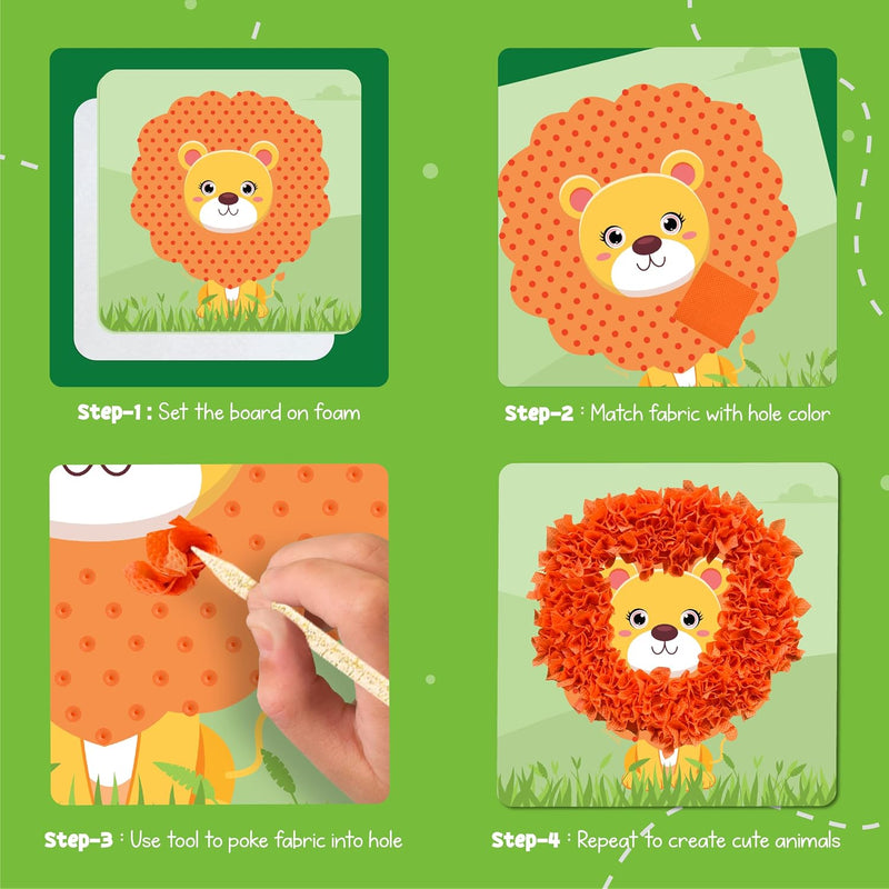 jackinthebox Poke Art Animals Crafts Kits for Kids, Boys & Girls, Ages 4-8 | 1400 fabric pieces, gift, travel activities & toys, essentials, projects for toddlers, 3 4 5 6 7 8 year old, flower pressing