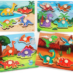 4-piece Wooden Peg Puzzles for Toddlers, Farm Dinosaur Fruit Marine Animals Preschool Learning Toys