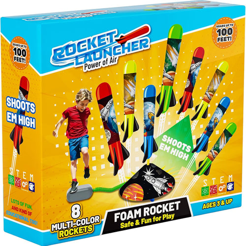Otoseth Toys Rocket Launcher for Kids - Adjustable Launch Stand, 8 Multi-Color Foam Rockets, Age 3+