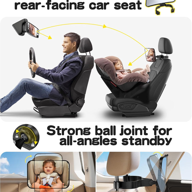 TAZENI Car Mirror for Baby for Rear-Facing Car Seat, Ultra Stable Hook Clip | Shatterproof, 360° Adjustable View Angle, Super Stable Car Seat Mirror for Baby, Black
