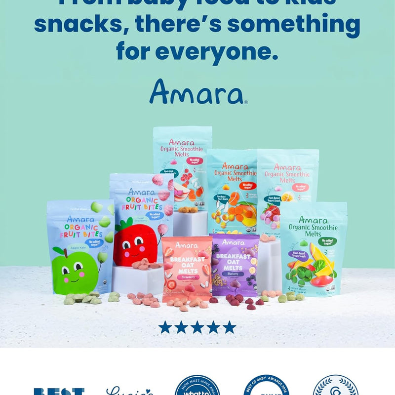 Amara Breakfast Oat Melts - Organic Toddler Snack - Single Serve Fiber-Packed Oat Bites with Real Fruit, No Added Sugar, Quick Dissolving, Strawberry - 12 Pack