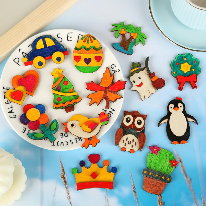 48 Pcs DIY Wooden Magnets, Wooden Art Craft Supplies Painting Kit for Kids | Ages 4-8 8-12 Glow in The Dark Party Favors Goodie Bag Stuffers Birthday Gifts Toys for Boys Girls