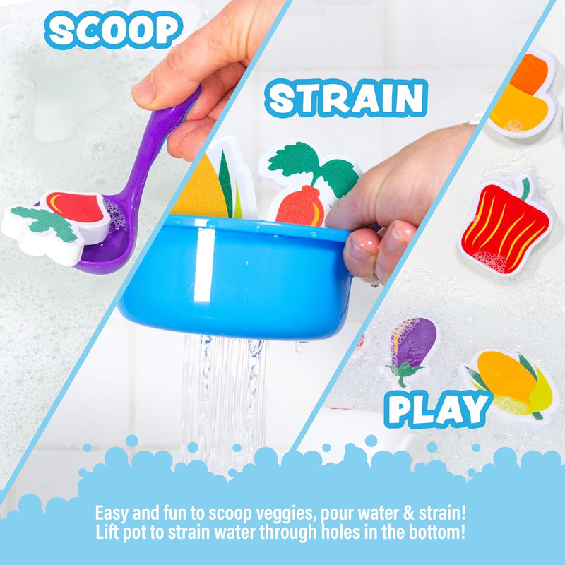 Tub Works® Tub Soup™ Scoop, Strain & Play Toddler Bath Toy | Floating Foam Veggies & Ladle