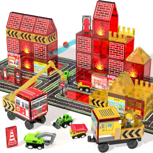 Magnetic Tiles for Kids, 56PCS Construction Magnet Tiles with Fire Truck Station, Building, Road, Crane, Car Truck - STEM Magnetic Blocks for Kids Ages 4-8, Toys for 4 5 Year Old Boys Birthday Gifts