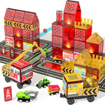 Magnetic Tiles for Kids, 56PCS Construction Magnet Tiles with Fire Truck Station, Building, Road, Crane, Car Truck - STEM Magnetic Blocks for Kids Ages 4-8, Toys for 4 5 Year Old Boys Birthday Gifts
