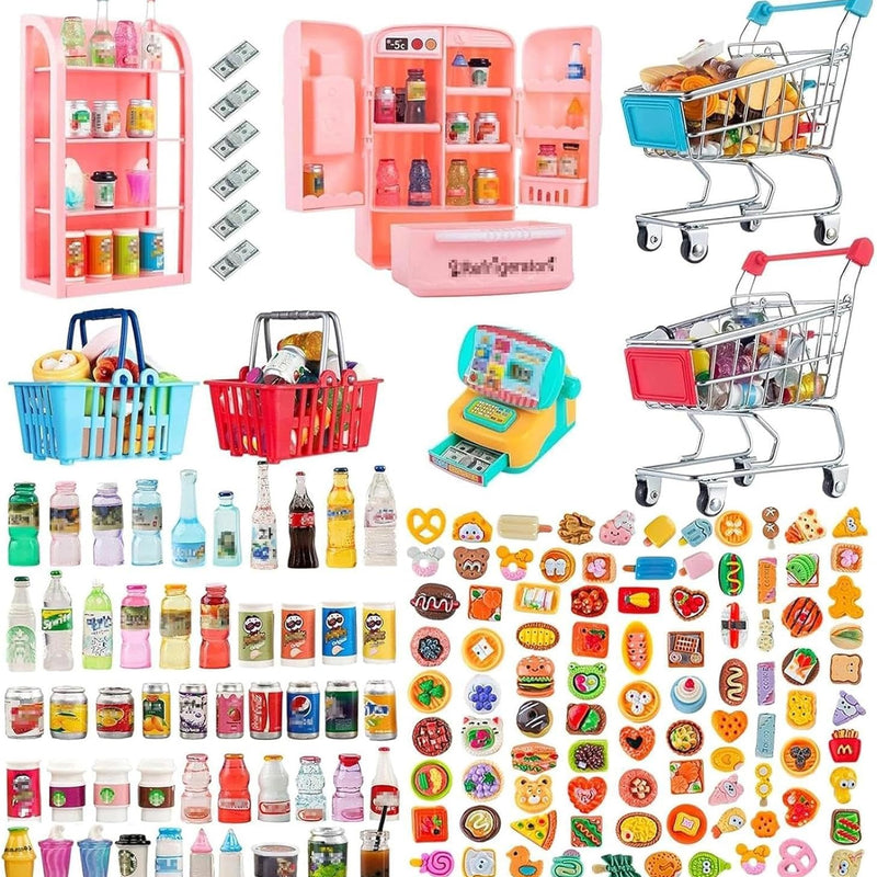 164Pcs Mini Shopping Cart Basket Miniature Food Drink Toy Supermarket Metal Handcart Trolley DollHouse Store Grocery Accessories Kitchen Play Game Party Model Shelves Cash Register Refrigerator Fridge