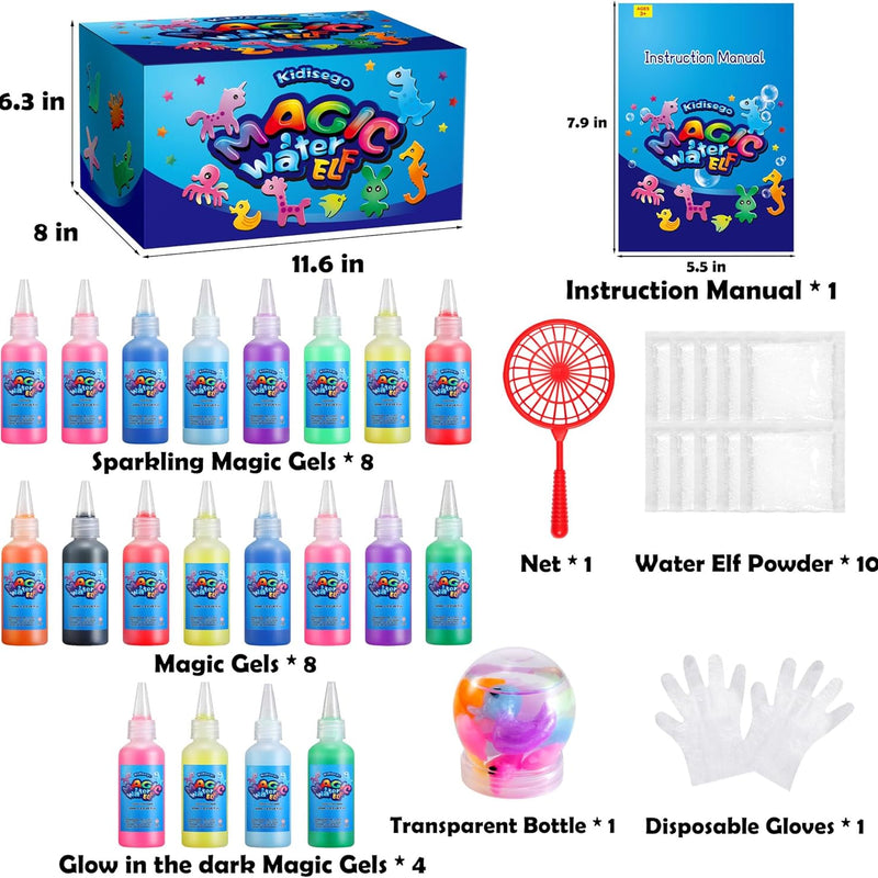 Kidisego Aqua Fairy Water Gel Kit for Kids, Magic Water Elf Toy Kit with 20 Colors Magic Gel, Aqua Fairy kit with 24 Shape Molds, Crate Your Own Magic Elf Kits Water Pets Craft Kits for Kids