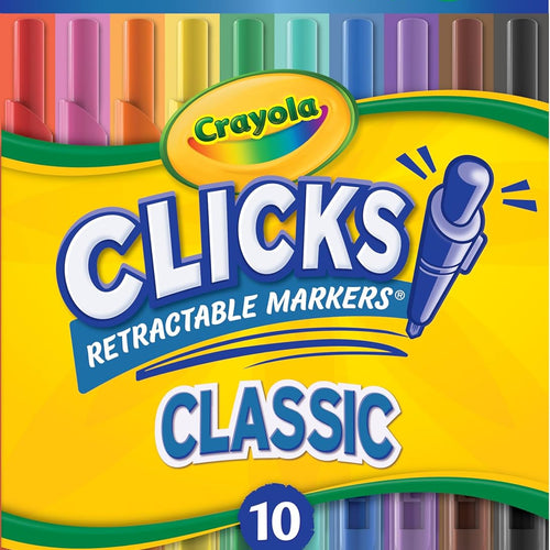Crayola Clicks Retractable Tip Markers (10ct), Washable Cone Tip Art Marker Set, Cute Aesthetic School Supplies, Classroom Must Haves, Ages 3+