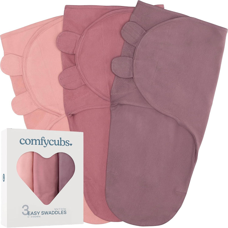 Comfy Cubs Easy Swaddle Blanket, 3 Pk S Velcro Swaddle Blush Mauve Mulberry | 100% Cotton Newborn Wrap for 0-3 Months Infants, with Adjustable Velcro, Breathable and Durable Sleep Sack for Babies