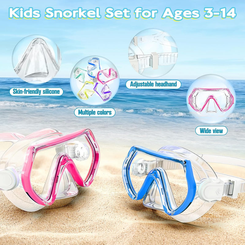 2 Sets Kids Snorkeling Gear for Ages 3-14, Anti-Fog 180° Clear View Dry Top Snorkel Set, Swimming Mask with Nose Cover & Tempered Glass Goggles for Youth Boys Girls Junior