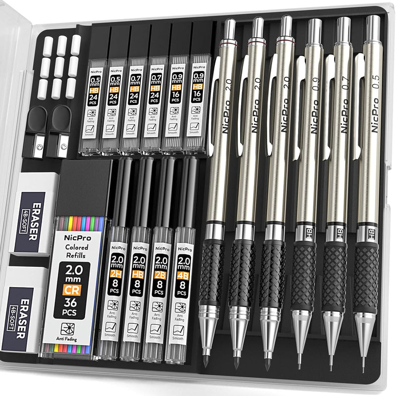 Nicpro 0.7 mm Art Mechanical Pencil Set in Storage Case, 3 PCS Metal Drafting Pencil Lead Pencil with 6 Tube HB Lead Refills, 3 Erasers, 9 PCS Eraser Refills for Artist Writing, Drawing, Sketching