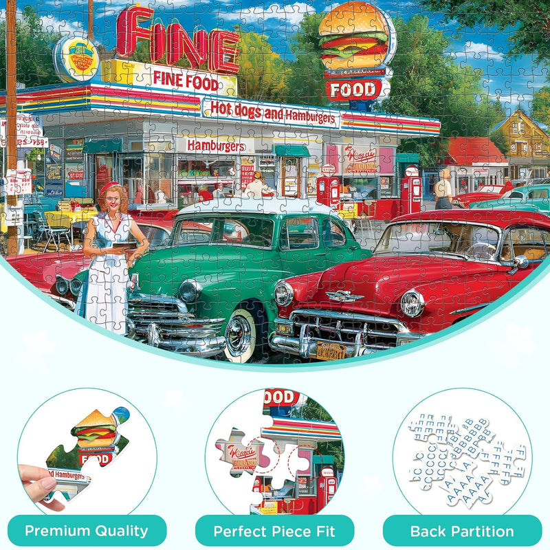 500 piece retro style jigsaw puzzles for adults, perfect for car and food station enthusiasts