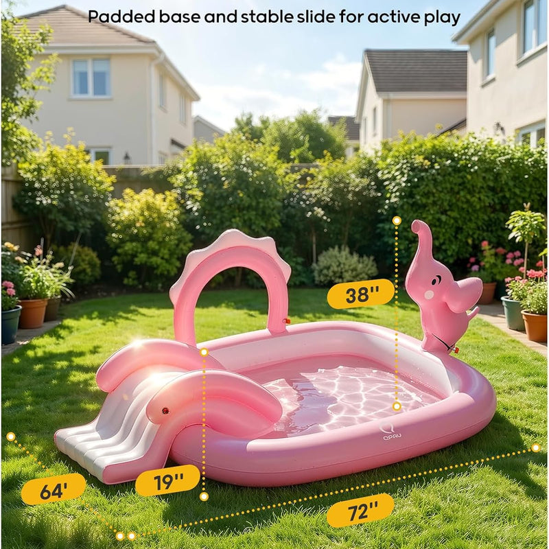 QPAU Elephant Kids Pool with Slide and Sprinkler, Inflatable Play Center with 4 Rings, 72 × 64 × 37 in, Fast Inflation Kiddie Pool for Garden & Backyard, Birthday Gift for Ages 1+ (Pink)