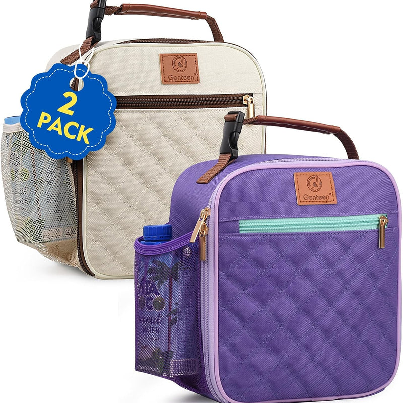 Genteen Kids Lunch Box Insulated Soft Mini Cooler with Bottle Holder, Lightweight Reusable Easy-Clean Lunch bag for Girls, Boys Back to School-Purple