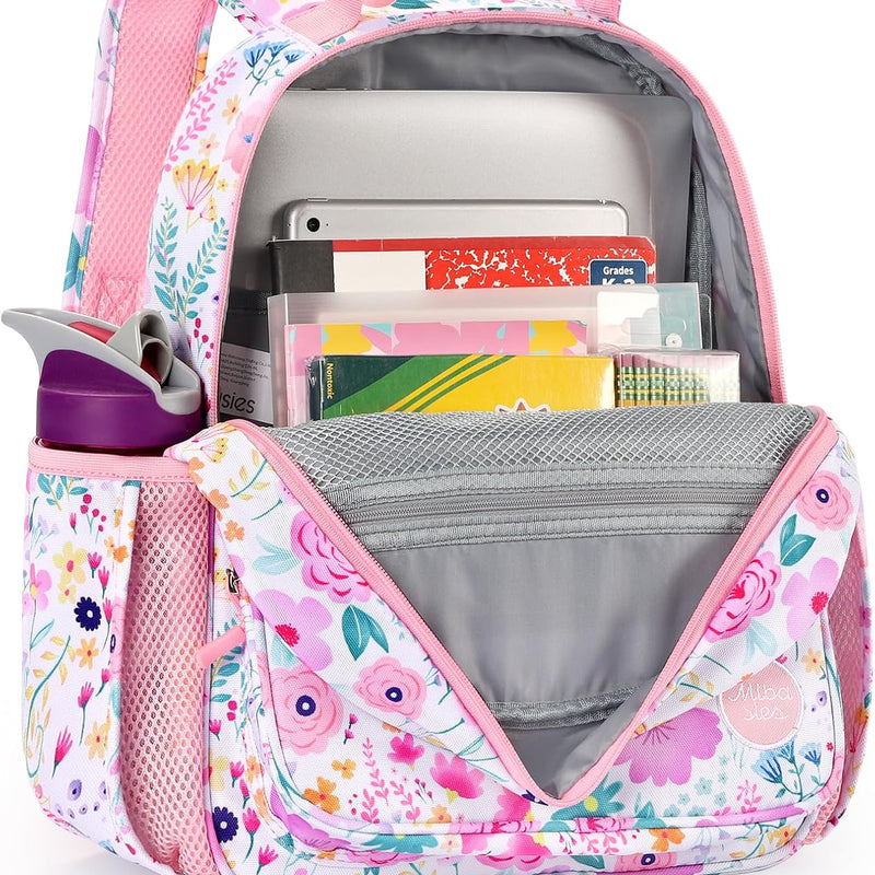 mibasies Kids Backpack for Girls: Girls Backpack 5-8 - Kindergarten Elementary School Bookbag for Girl - Flower Pink