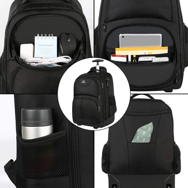 MATEIN Rolling Backpack, 17 inch Water Resistant Wheeled Laptop Backpack, Carry on Luggage Business Bag, Overnight College Computer Bag Trolley Suitcase for Men Women Adults to Travel, Black