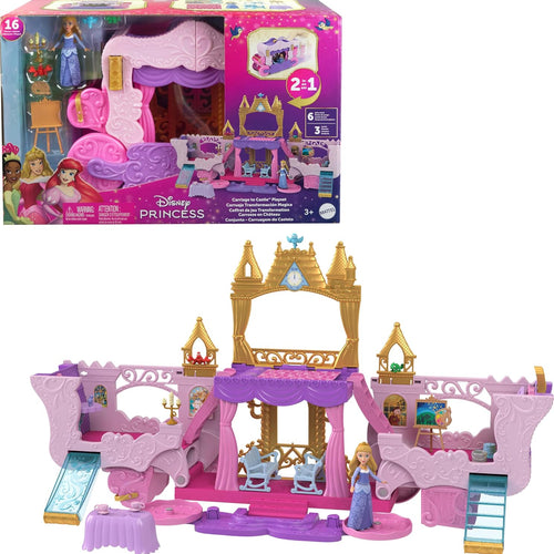 Mattel Disney Princess Toys, Carriage to Castle Transforming Playset with Aurora Small Doll, 4 Figures, Furniture & Accessories​​​