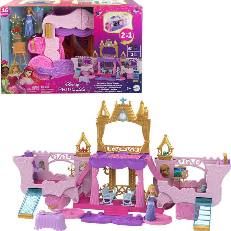 Mattel Disney Princess Toys, Carriage to Castle Transforming Playset with Aurora Small Doll, 4 Figures, Furniture & Accessories​​​