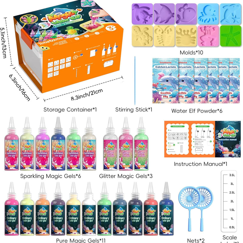 Timetome DIY Squishy Maker Kit for Kids Ages 3+ | Magic Water Elf Gel Toy Set with 20 Gels & 10 Molds, Glitter Glow Sensory Craft Activity for Creative Play
