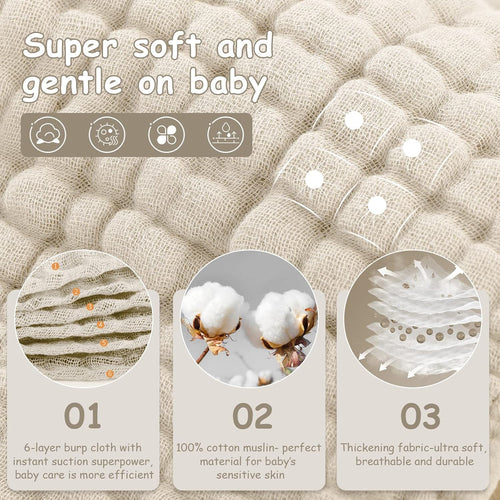Looxii Muslin Burp Cloths 6 Pack - 20" x 10" - Ultra Soft & Absorbent, 6-Layer 100% Cotton for Spit Up & Drool- Gentle Neutral Burping Cloths, Baby Newborn Essentials Gifts for Boys Girls, Apricot