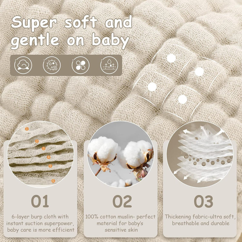 Looxii Muslin Burp Cloths 6 Pack - 20" x 10" - Ultra Soft & Absorbent, 6-Layer 100% Cotton for Spit Up & Drool- Gentle Neutral Burping Cloths, Baby Newborn Essentials Gifts for Boys Girls, Apricot