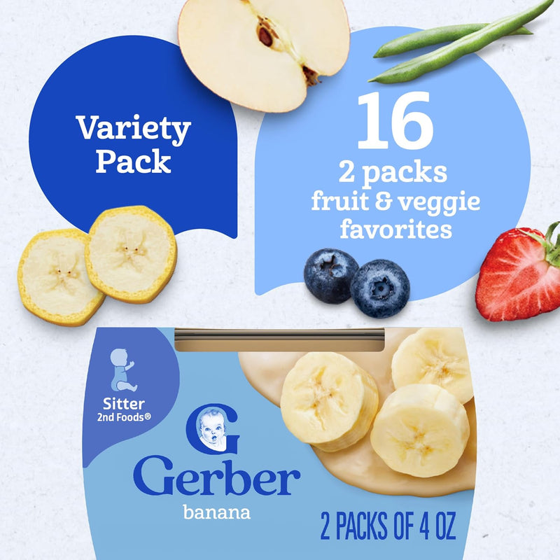 Gerber Stage 2 Baby Food, Fruit & Veggie Favorites Tubs, Baby Puree, Variety 32PK | Stage 2 fruit and veggie puree variety pack; 32 x 4 oz tubs