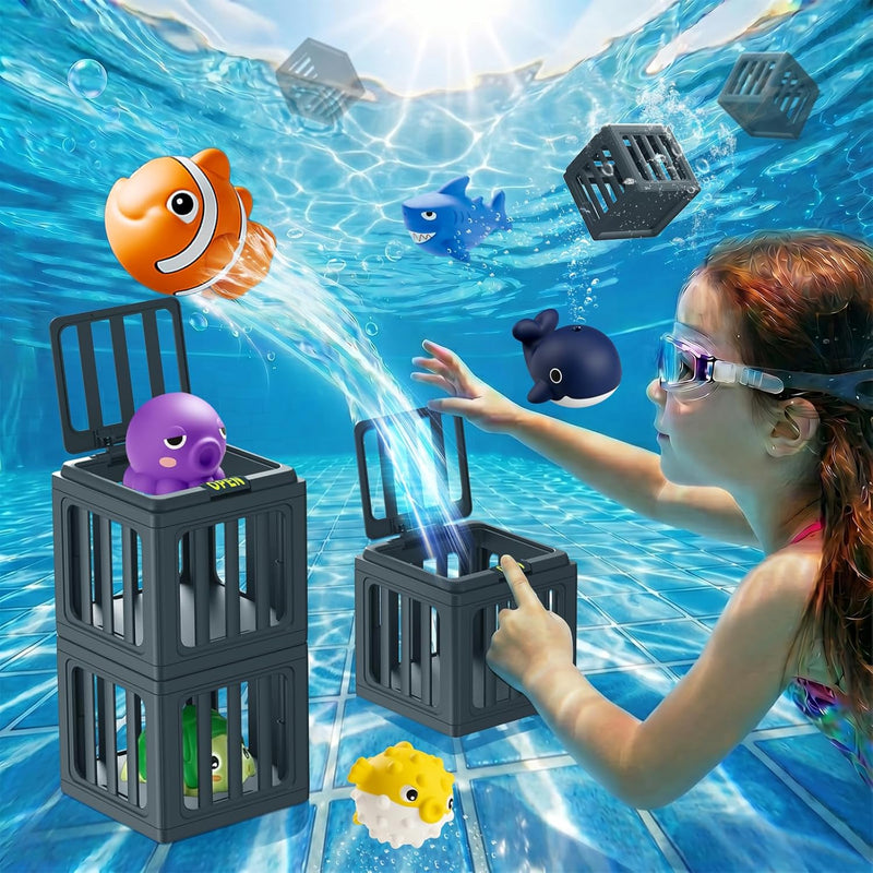 Tikduck Pool Diving Toys for Kids, Underwater Swim Game Set with 6 Floating Sea Animals & 6 Dive Cages, Summer Water Toys for Pool, Bath & Beach Play, Birthday Gift for Boys Girls Ages 3-12