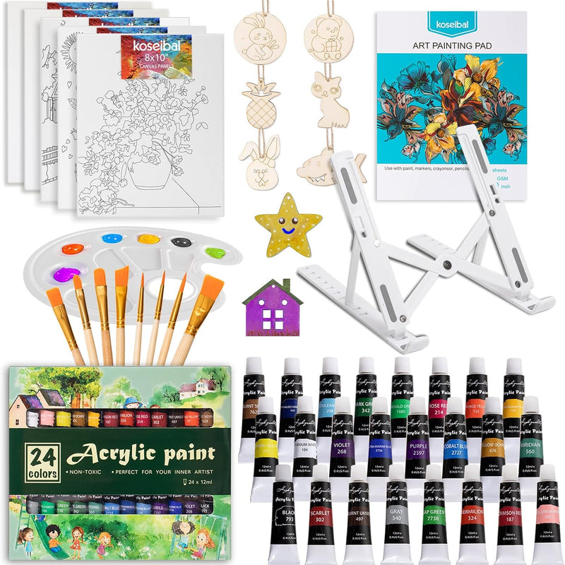 koseibal Acrylic Paint Set for Kids & Adults, Art Supplies Kit with Canvas | Acrylic Painting Supplies Kit Features 18 Vibrant Colors, 5 Canvas panels, 8 Art brushes, Drawing Pad