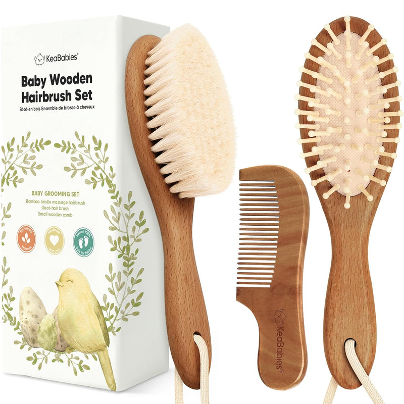 Wooden Baby Hair Brush Set for Newborns, Toddler Comb (Dark Walnut, Regular) | Soft Goat Bristle, Baby Brush and Comb Set, Infant Grooming Kit, Cradle Cap Care, Durable & Gentle, Boy, Girl Bath Essential