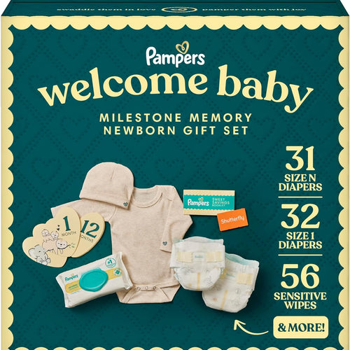 Pampers Gift Set, Disposable Diapers, Sensitive Wipes, & Milestone Gifts