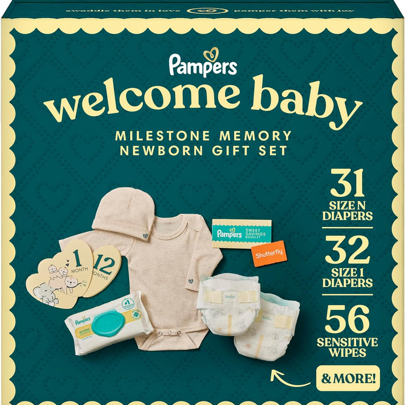 Pampers Gift Set, Disposable Diapers, Sensitive Wipes, & Milestone Gifts