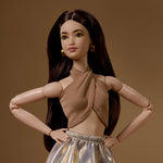 Barbie Basics Model Collector Fashion Doll 06 with Brunette Hair, Shimmery Golden Skirt & Halter, Universal-fit Fashions, Posable Body