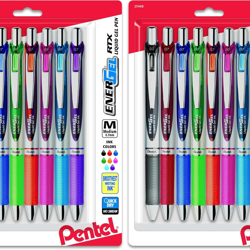 Pentel EnerGel RTX Retractable Liquid Gel Pen, (0.7mm) Metal Tip, Medium Line,Assorted Ink, 8-Pk (BL77BP8M1)