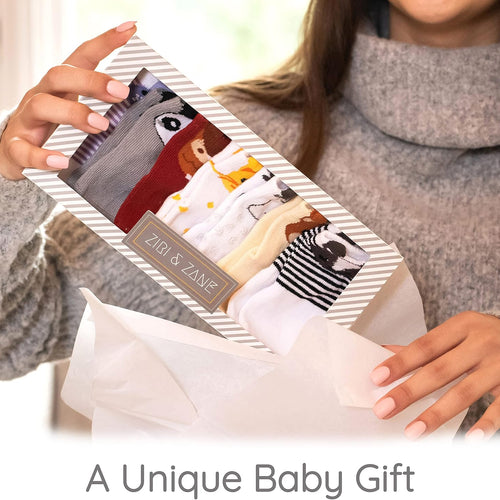 ZIRI & ZANE Baby Sock Gift Set - Unisex Newborn Gifts for Baby Showers | 7 Unique Pairs - Gender Neutral - Cute & Funny Baby Gifts - Baby Boy & Girl Registry Search Idea - Newborn Clothes Essentials