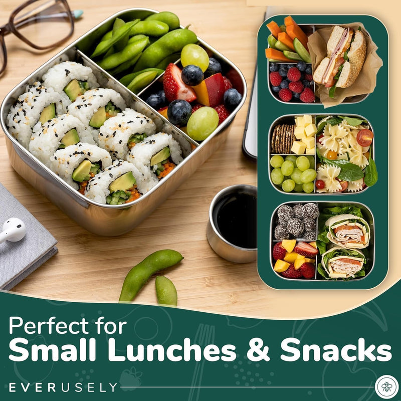 Everusely - Bento Box - Green, 27oz / 0.8 L - Stainless Steel Lunch Box with Leakproof Condiment Container - 3 Compartment Snack Organizer for On the Go Meals - Freezer & Dishwasher Safe
