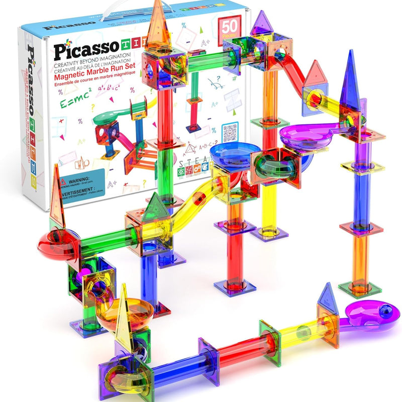 PicassoTiles 50pcs Magnetic Tiles Marble Run for Kids Race Track Toy Marble Maze Sensory Toys for Toddlers STEM Educational Set Magnet Building Blocks Construction Building Tiles Boys Girls 3+ PTG50