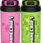 Zak Designs Minecraft Kids Water Bottle with Straw and Built in Carrying Loop Set, Made of Plastic, Leak-Proof Water Bottle Designs (Creeper/Pig, 16 oz, 2pc Set)