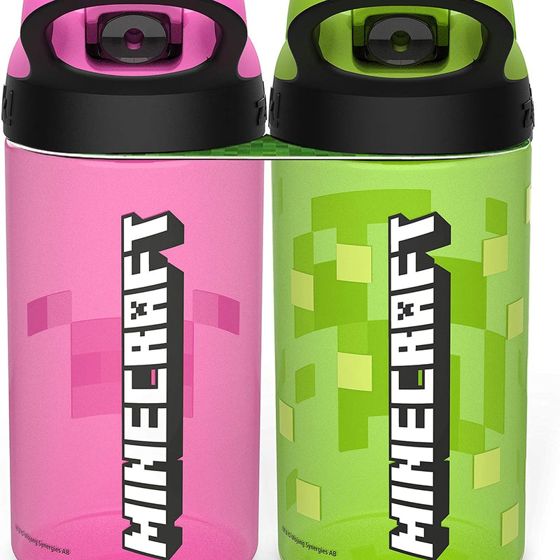 Zak Designs Minecraft Kids Water Bottle with Straw and Built in Carrying Loop Set, Made of Plastic, Leak-Proof Water Bottle Designs (Creeper/Pig, 16 oz, 2pc Set)