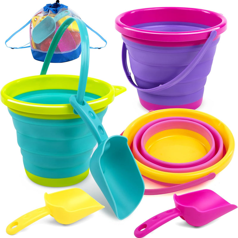 Foldable Beach Bucket Set - 3 Packs Collapsible Toy Buckets with Shovels and Mesh Backpack